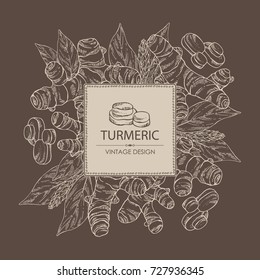 Background with turmeric: turmeric root and leaves. Vector hand drawn illustration.
