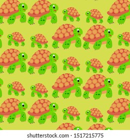 Background with turtles big and small on green background. Turtle vector background.
