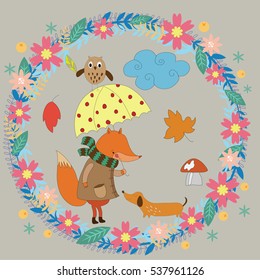 background with twigs, flowers, leaves, daisies, Fox umbrella