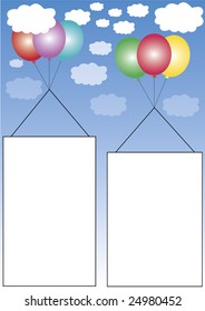 background with two advertising white frames haning on colorful ballons in a blue sky with white clouds. Designed for content to be added