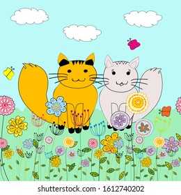 Background with two cartoon cats in love in a meadow with flowers and butterflies