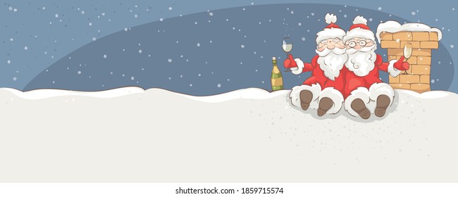 Background -- Two cheerful Santa Claus / Christmas Vector illustration with empty space. Funny grandfathers drinking champagne on the roof. EPS 10.