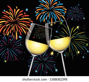 Background with two glasses of champagne and fireworks illustration