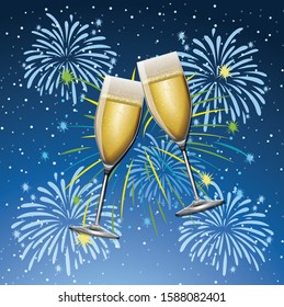 Hintergrund mit zwei Gläsern Champagner und Feuerwerk-Illustration