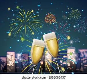 Background with two glasses of champagne and fireworks illustration