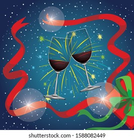 Antecedentes con dos vasos de champán e ilustración de fuegos artificiales