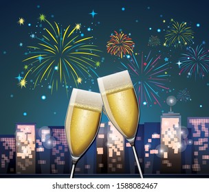 Antecedentes con dos vasos de champán e ilustración de fuegos artificiales