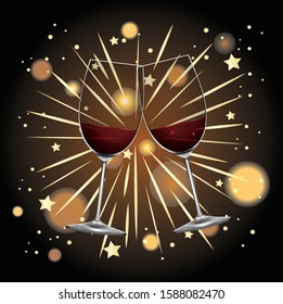 Background with two glasses of champagne and fireworks illustration