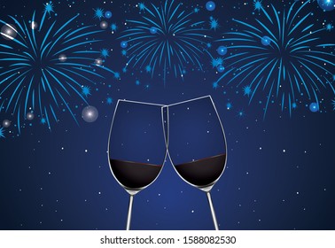 Background with two glasses of champagne and fireworks illustration