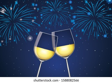 Antecedentes con dos vasos de champán e ilustración de fuegos artificiales