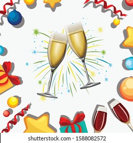 Antecedentes con dos vasos de champán e ilustración de fuegos artificiales