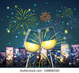 Background with two glasses of champagne and fireworks illustration
