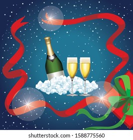 Background with two glasses of champagne and fireworks illustration