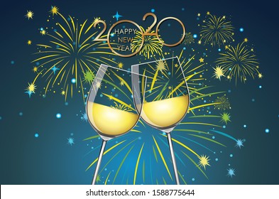 Background with two glasses of champagne and fireworks illustration