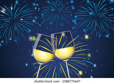 Background with two glasses of champagne and fireworks illustration