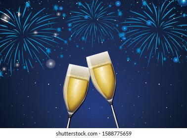 Background with two glasses of champagne and fireworks illustration