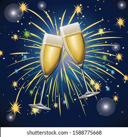 Hintergrund mit zwei Gläsern Champagner und Feuerwerk-Illustration
