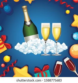 Antecedentes con dos vasos de champán e ilustración de fuegos artificiales