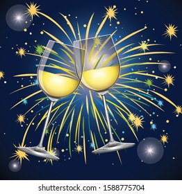 Hintergrund mit zwei Gläsern Champagner und Feuerwerk-Illustration