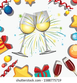 Antecedentes con dos vasos de champán e ilustración de fuegos artificiales