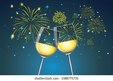 Background with two glasses of champagne and fireworks illustration