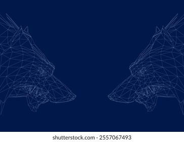 Background with two heads opposite each other. Wireframe Wolf Head line Art Vector Illustration. 3D