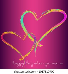 A background of two hearts painted in different colors and text. Holiday red abstract background with hearts