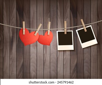 Background with two hearts and two photos. Valentine's day vector.