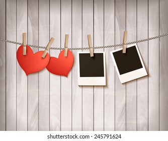 Background with two hearts and two photos. Valentine's day vector.