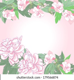 Background with two pink  peonies and flowers