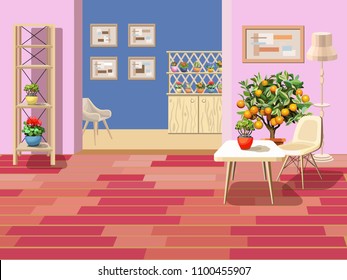 Background with two rooms. Pink and blue walls, furniture. Modern interior. Indoor plants in pots and orange tree. Paintings on the walls. Vector illustration.
