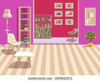 Background with two rooms. Purple and red walls, white furniture. Modern interior. Indoor plants in pots and orange tree. Paintings on the walls. Vector illustration.
