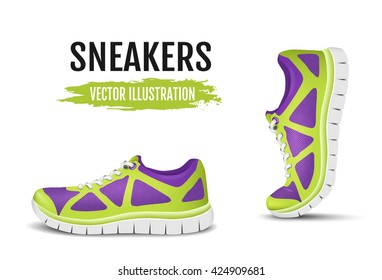 Background of two running shoes. Colorful sport shoes for running and colorful curved sport shoes for running. Vector illustration