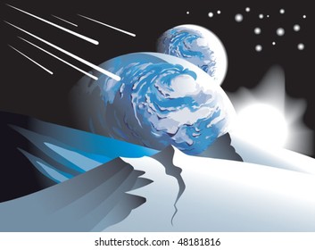 Background with two satellite planets and rising star, over the mountain landscape, vector illustration