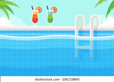 Background with Two Tropical Cocktails near Swimming Pool. Flat Design Style. 