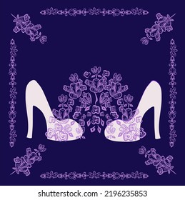 Background with two white high-heeled shoes and lavender. Banner. For advertising products from lavender against the smell of shoes.
Template for label design. Graphic vector illustration