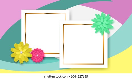 Background of two white rectangle frames with golden strips and colored paper flowers