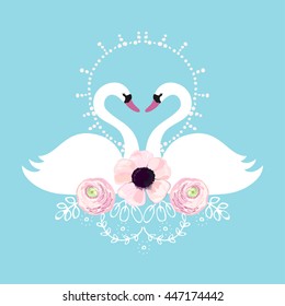 Background with two white swans & flowers. Vector.