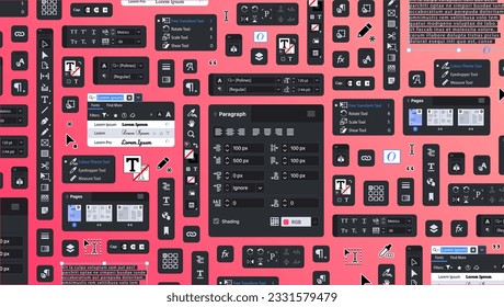 Background of typographic processing tools. Settings for Page Layout and Publishing. Designer bg. Set of icon panels and tools for printing designers. Buttons and icons for polygraphy. Toolbar.