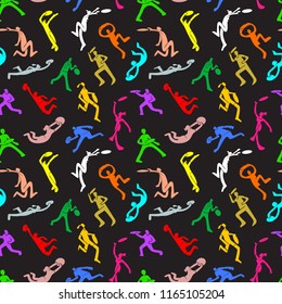 Background with Ultimate players. Seamless pattern with Boy and girl catching flying disc. Sport competition. Flat style cute vector illustration with people in action. Design element for t-shirt