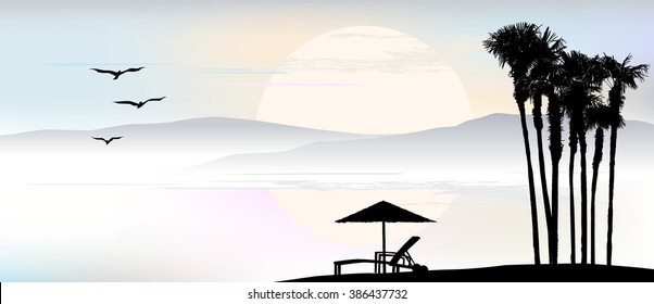 Background, umbrella, deck chair is standing by the sea