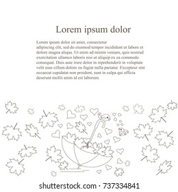 Background with umbrella, hearts, lovebirds, maple leaf. Hand drawn, outline vector illustration.