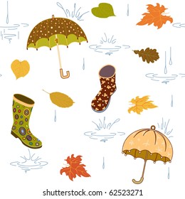 Background with umbrella, leaves and rubber boots, vector pattern, earthtone colors