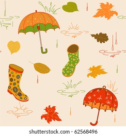 Background with umbrella, leaves and rubber boots, vector pattern,