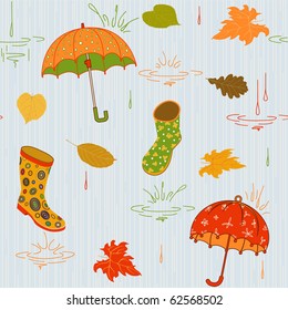 Background with umbrella, leaves and rubber boots, vector pattern