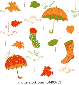 Background with umbrella, leaves and rubber boots, vector pattern, limited color palette