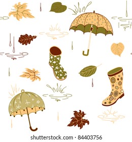 Background with umbrella, leaves and rubber boots, vector pattern, earthtone limited color palette