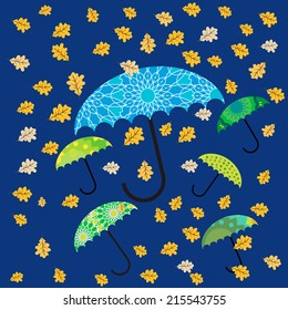 Background with umbrella, leaves, vector pattern on a dark background