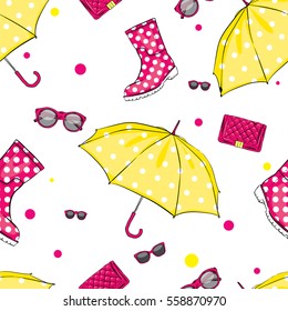 Background of umbrellas, rubber boots, handbags and eyewear. Spring and autumn shoes and accessories. Vector illustration. Fashion & Style.