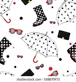 Background of umbrellas, rubber boots, handbags and eyewear. Spring and autumn shoes and accessories. Vector illustration. Fashion & Style.